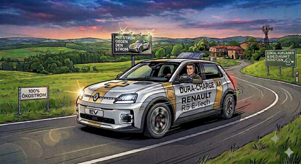 Illustration eines Renault 5 E-Tech mit Elektromobilitätsplakaten in der Wiese